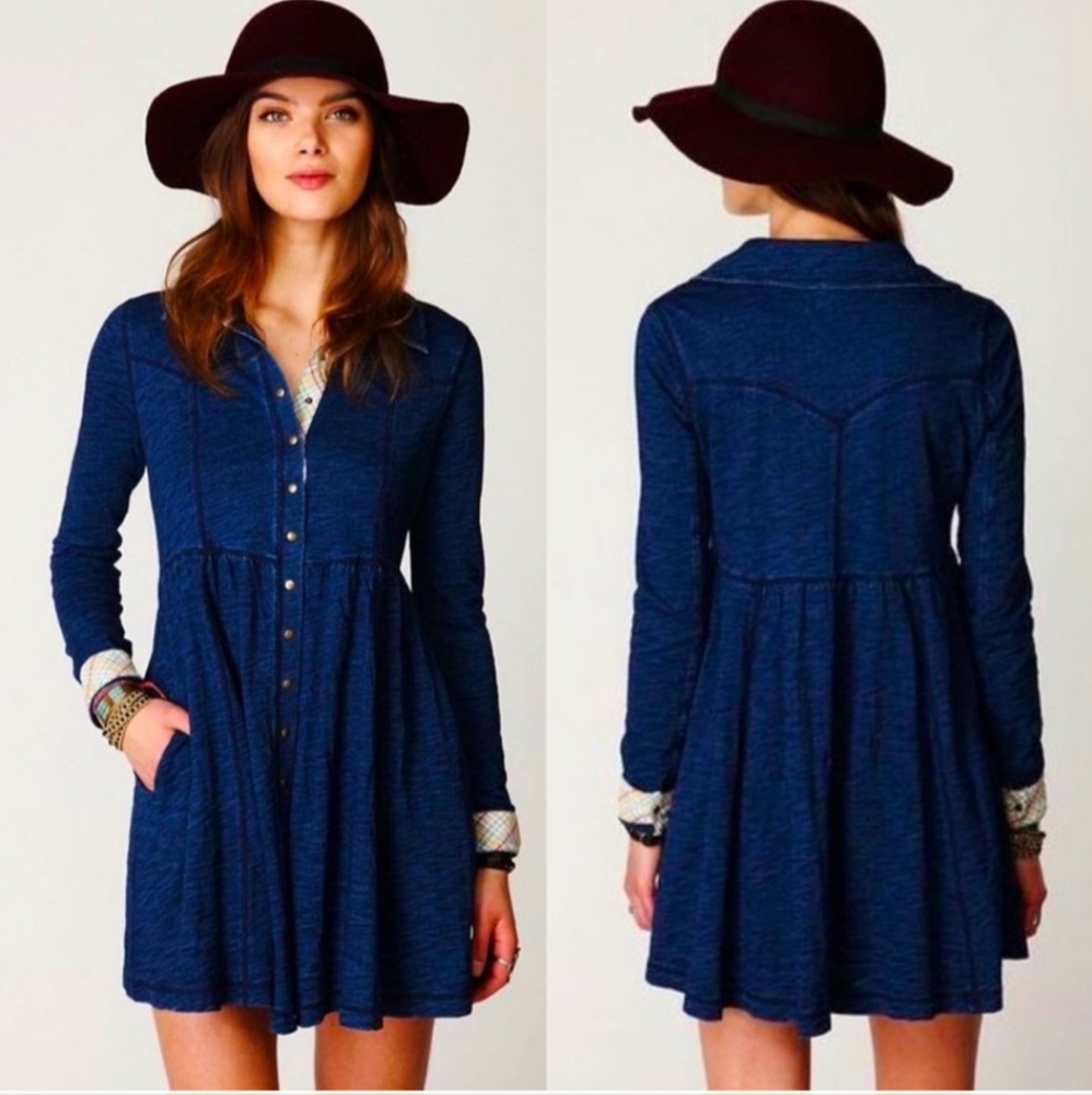 Free People Blue Chambray Plaid Trim Snap Up Mini Dress